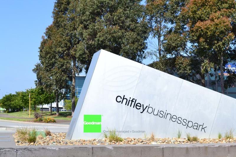 A photo of the entrance to Chifley Business Park, a project which Dinsan Nursery supplied wholesale plants for.