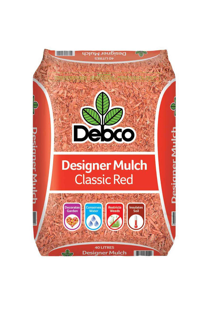 a bag of Debco Classic Red Designer Mulch