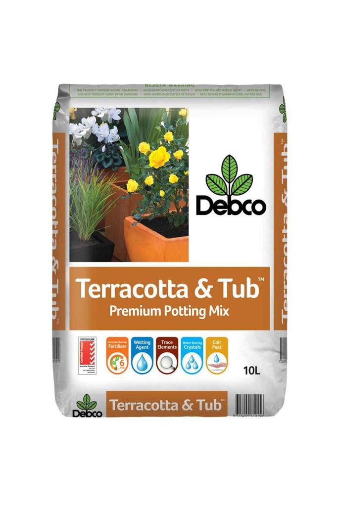 a bag of Debco Terracotta and Tub Premium Potting Mix 10l