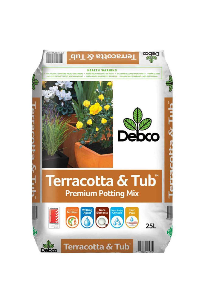 a bag of Debco Terracotta and Tub Premium Potting Mix 25l