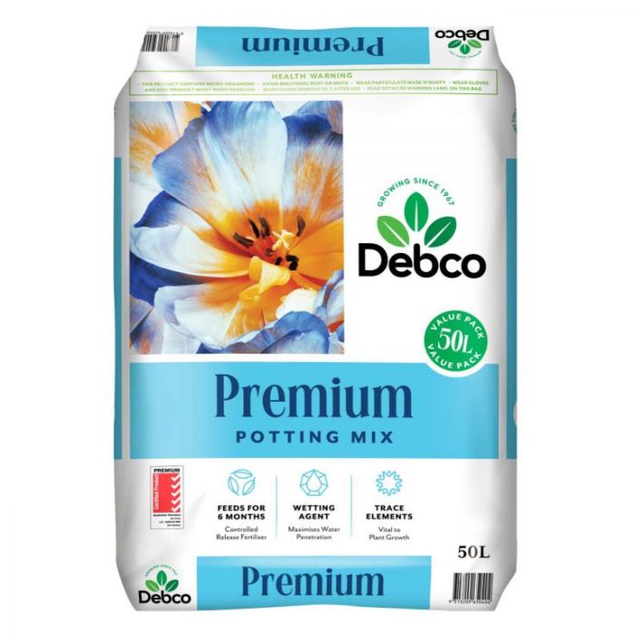 a bag of Debco Premium Potting Mix 50L