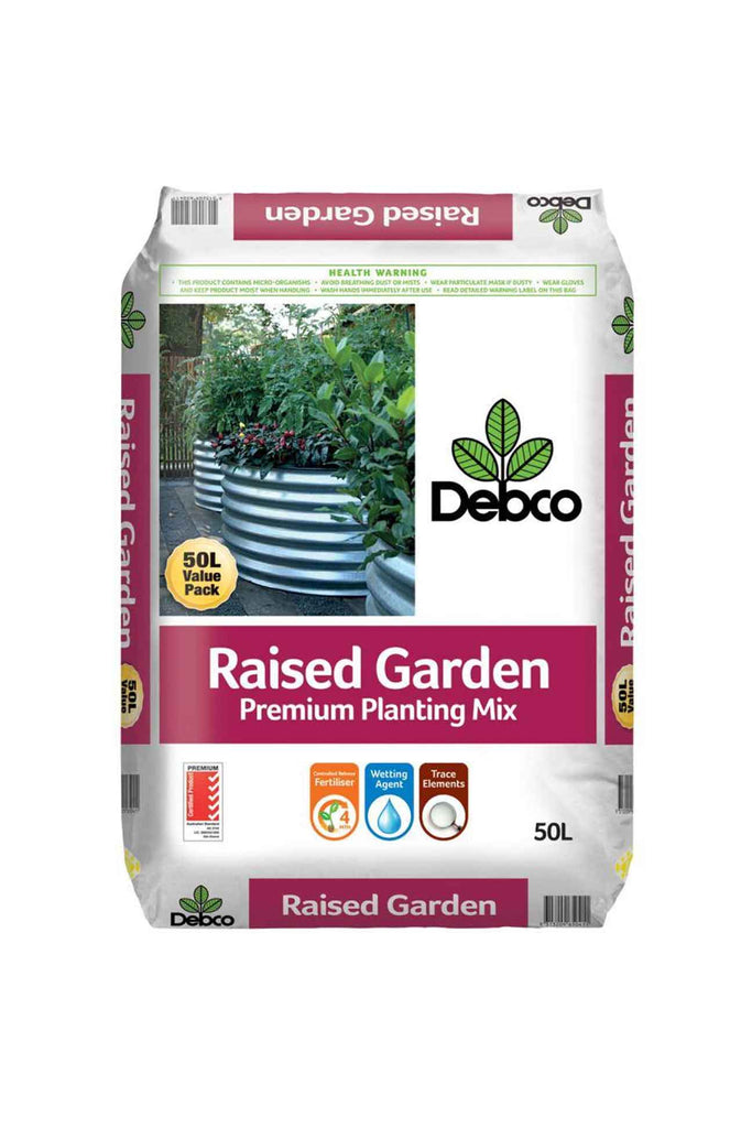 a bag of Debco Raised Garden Bed Premium Planting Mix