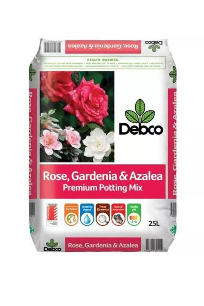 Debco Rose, Gardenia & Azalea Premium Potting Mix in a 25 litre bag.
