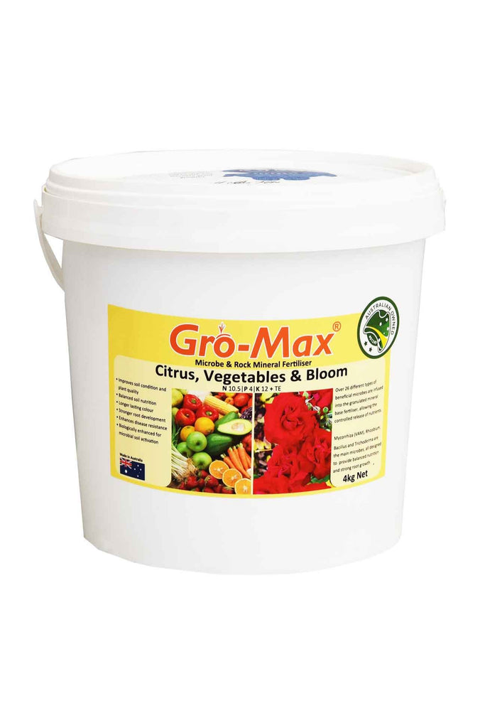 A tub of Gro-Max Microbe & Rock Mineral Fertiliser - Citrus, Vegetables & Bloom 