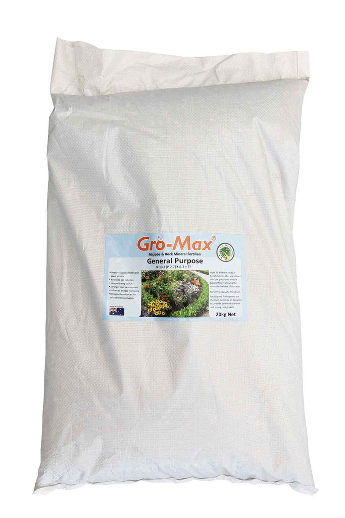 A bag of Gro-Max Microbe & Rock Mineral Fertiliser- General Purpose 20kg